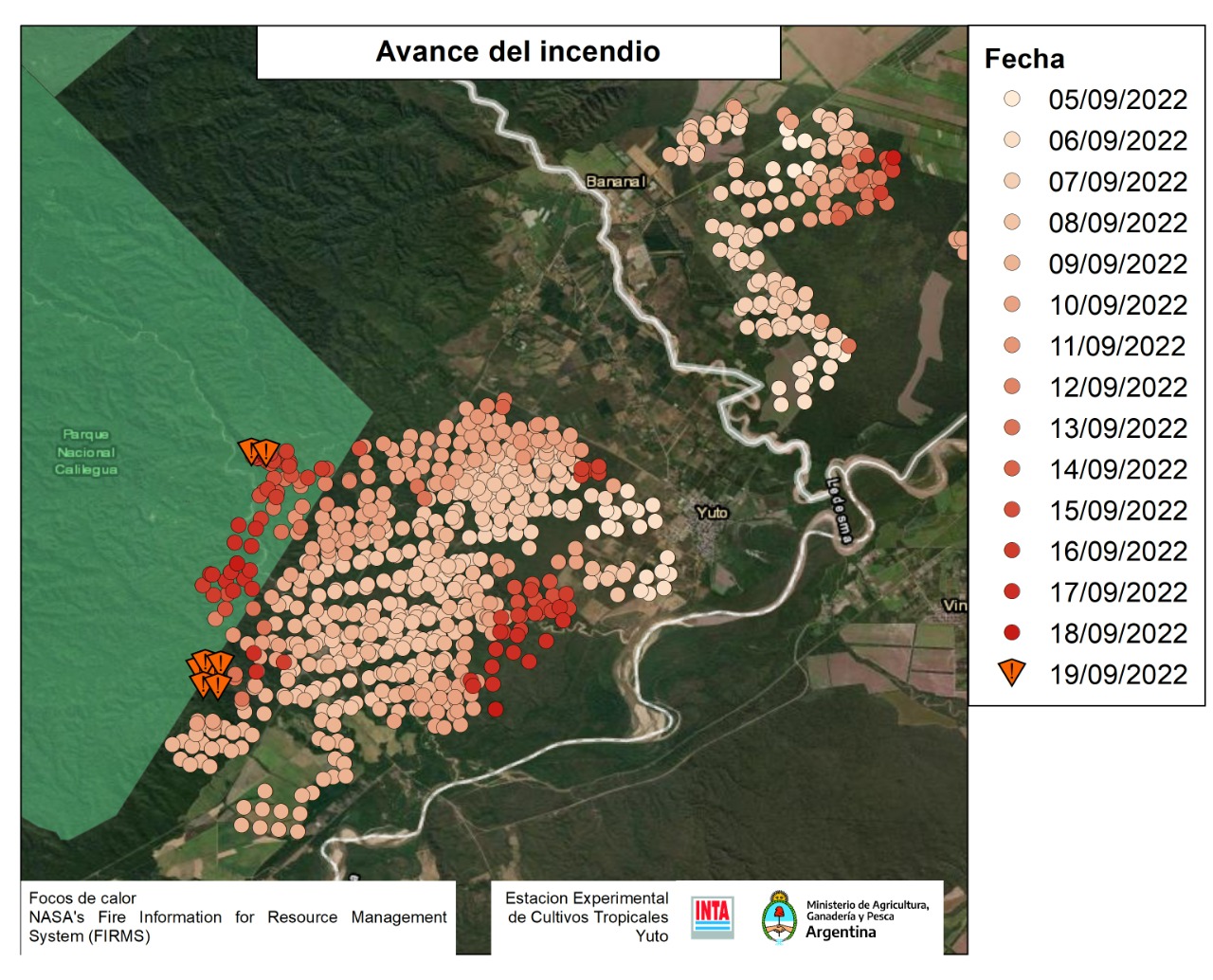 Mapa: avance fuego en Yuto y alrededores (fuente INTA Yuto).