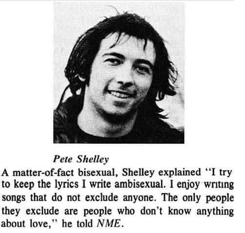 "Intento escribir letras en tono ambiguo. Disfruto escribir canciones que no excluyan a nadie. A la única gente que excluyo es a quienes no entienden nada sobre el amor", declaraba Shelley al New Musical Express