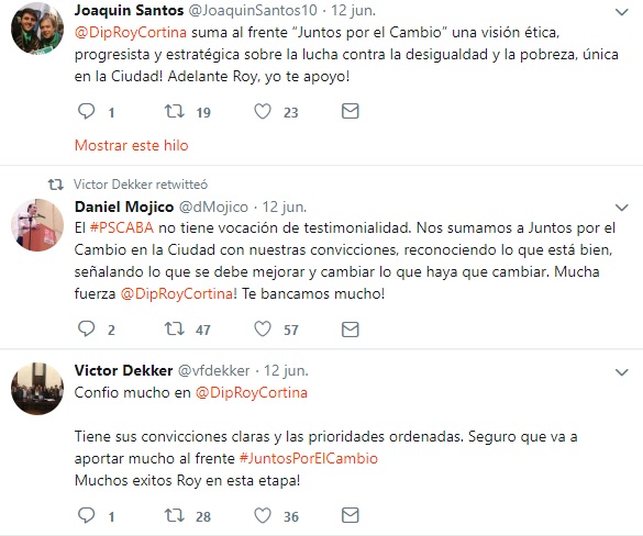 (Expresidente del Centro, Presidente del PS, y actual Presidente del Centro, celebraron la alianza por tweeter.)