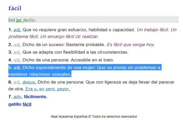 RAE incluye "fácil" como forma de denominar a las mujeres