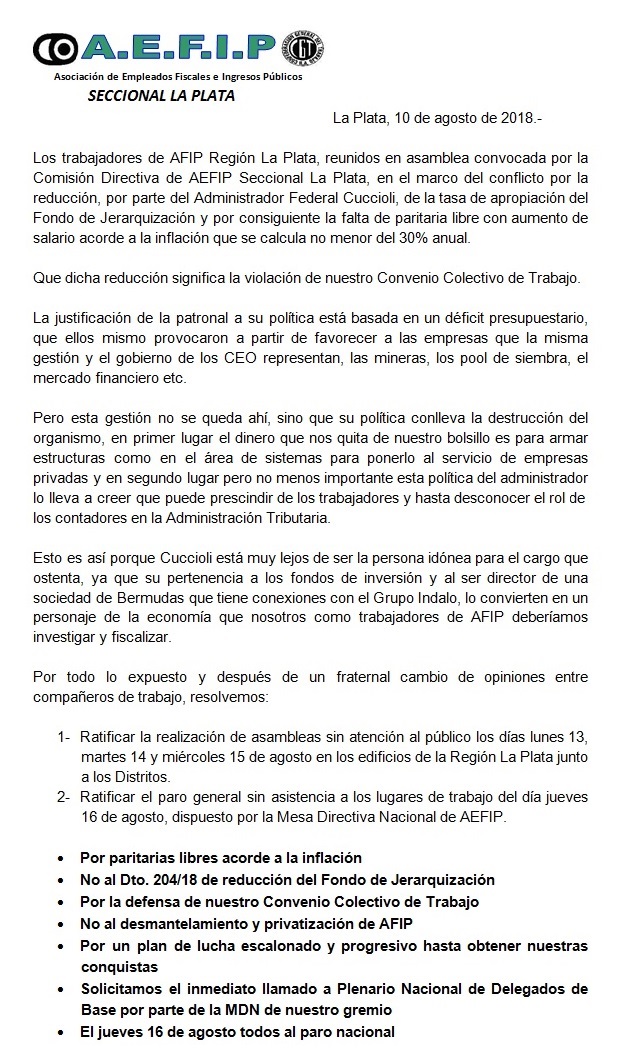 Resoluciones de la asamblea del pasado 10 de agosto de la AEFIP Seccional La Plata 