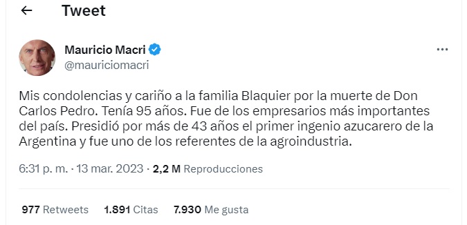 Mauricio Macri se lamentó por la muerte del genocida Blaquier y lo reivindicó