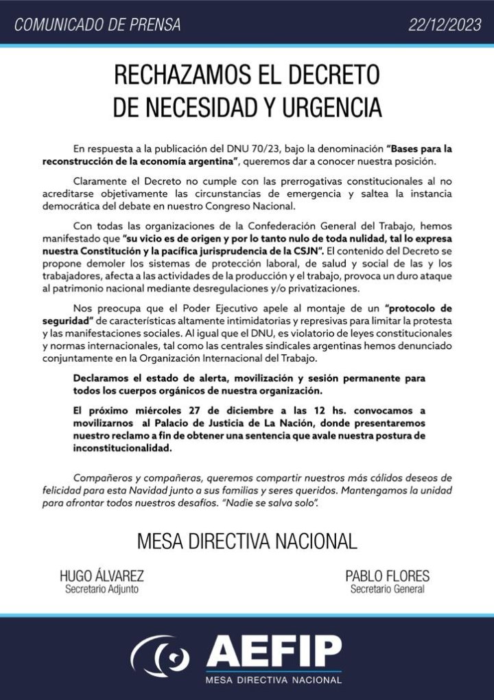 Comunicado AEFIP del viernes 22 de dicembre, publicado a las 20hs