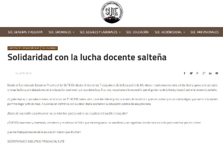 Comunicado de SUTE contra la represión a docentes en Salta