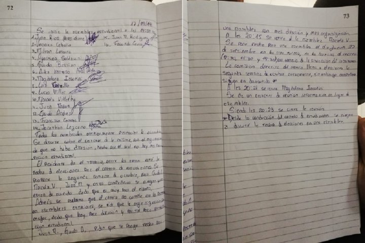 Imagen ampliada de la nota en el Libro de Actas en base a las resoluciones que la CEPA, conducción del centro de estudiantes, tomó de antemano