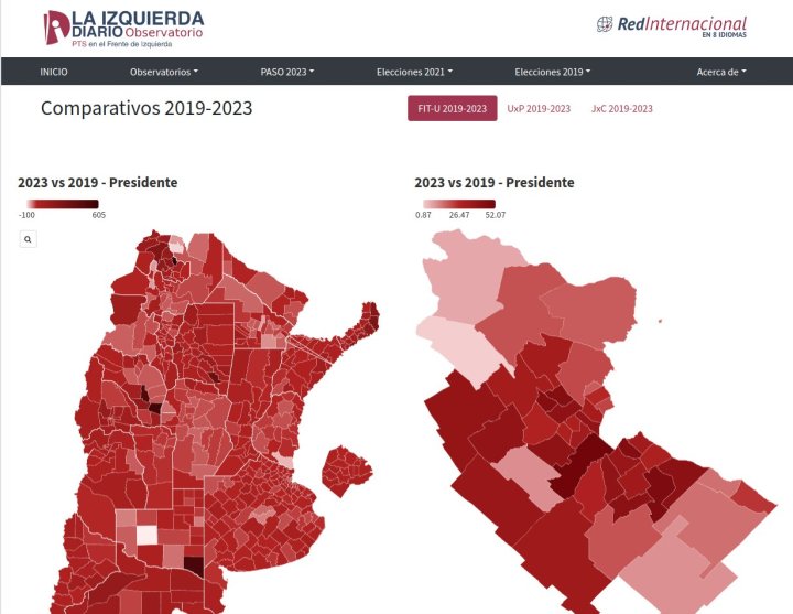 Mapa comparativo 2019 - 2023 del FIT-U, se pueden consultar mapas similares de Unión por la Patria y Juntos por el Cambio