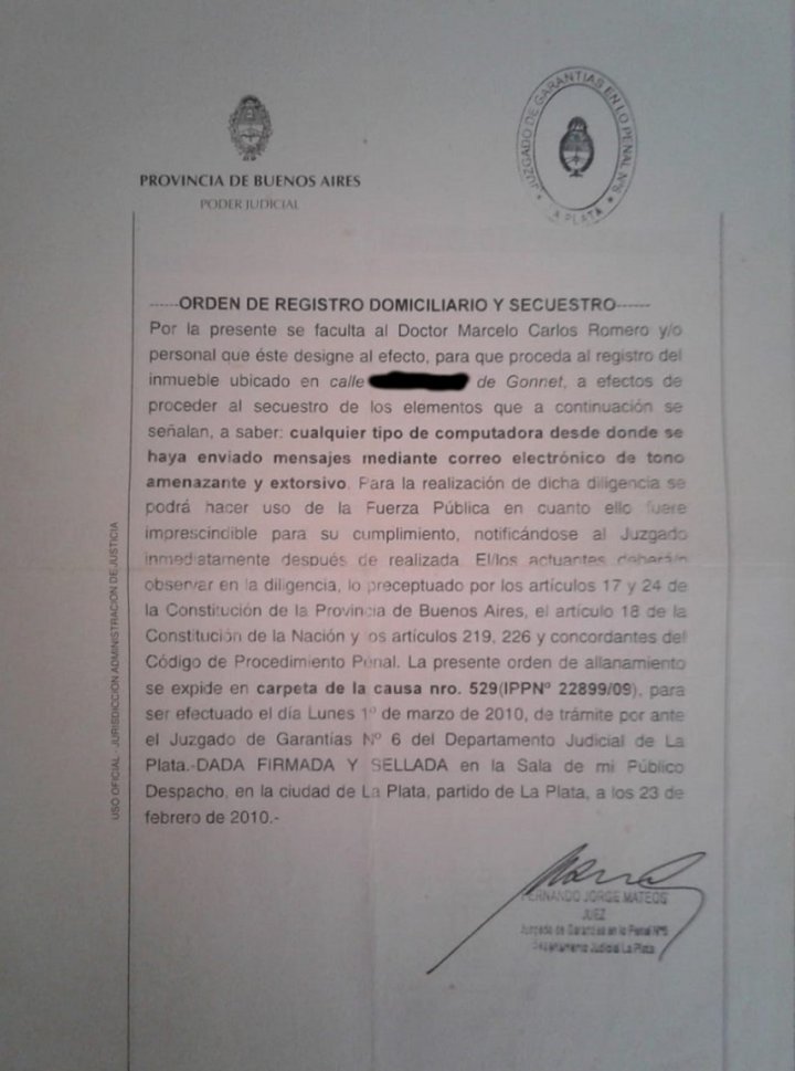 La orden de allanamiento de la casa de Disalvo y Vega